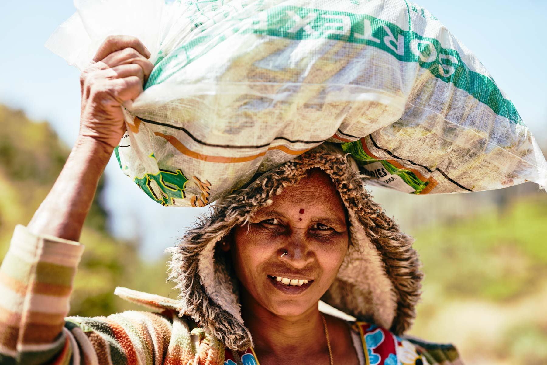 Frau trägt großen Baumwollsack auf dem Kopf nahe Nuwara Eliya/ Sri Lanka, 2019